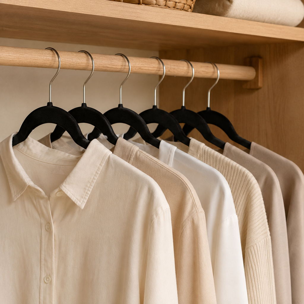 Velvet Non-Slip Hangers, Flocked Clothing Hangers, Beige