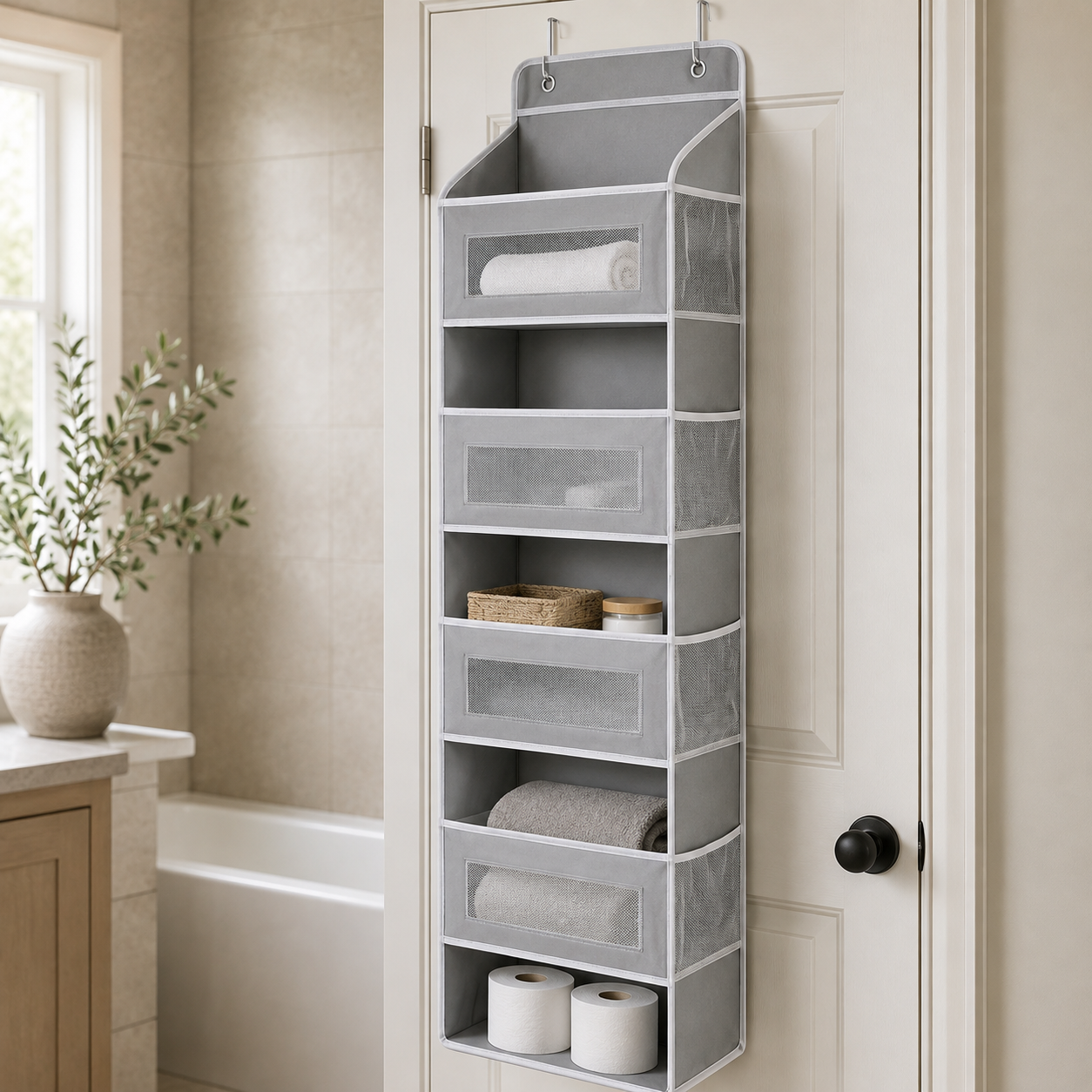 Hanging Storage Organizer, Over-the-Door Fabric Shelf, Gray