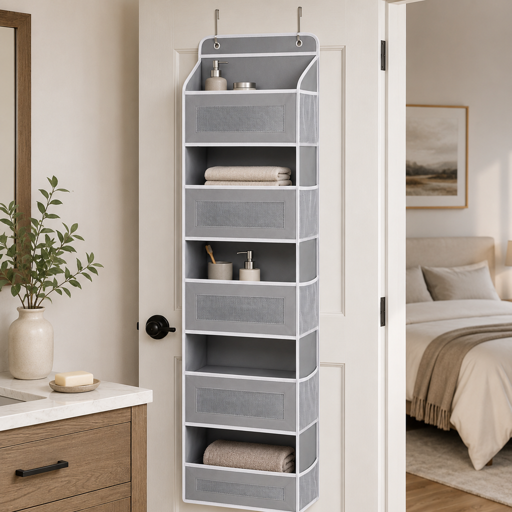 Hanging Storage Organizer, Over-the-Door Fabric Shelf, Gray
